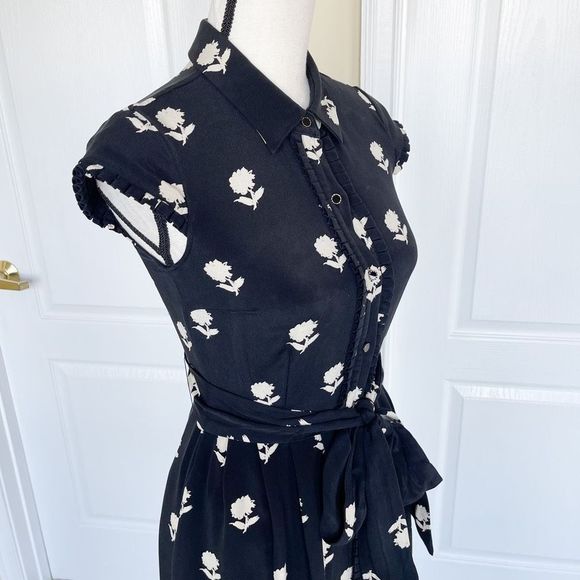 Kate Spade 100% Silk Size 0 Black White Contrast Floral Ruffled Belted Dress wit - Picture 7 of 11